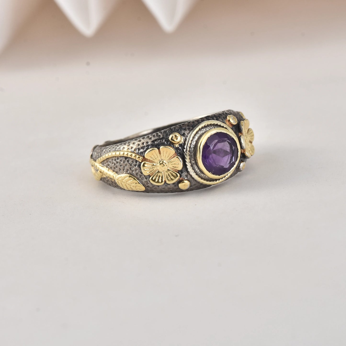 Rainbow Moonstone Ring 925 Sterling Silver Gold Plated Vintage Floral Handmade Designer Gemstone Jewelry Women Moku Jewellery