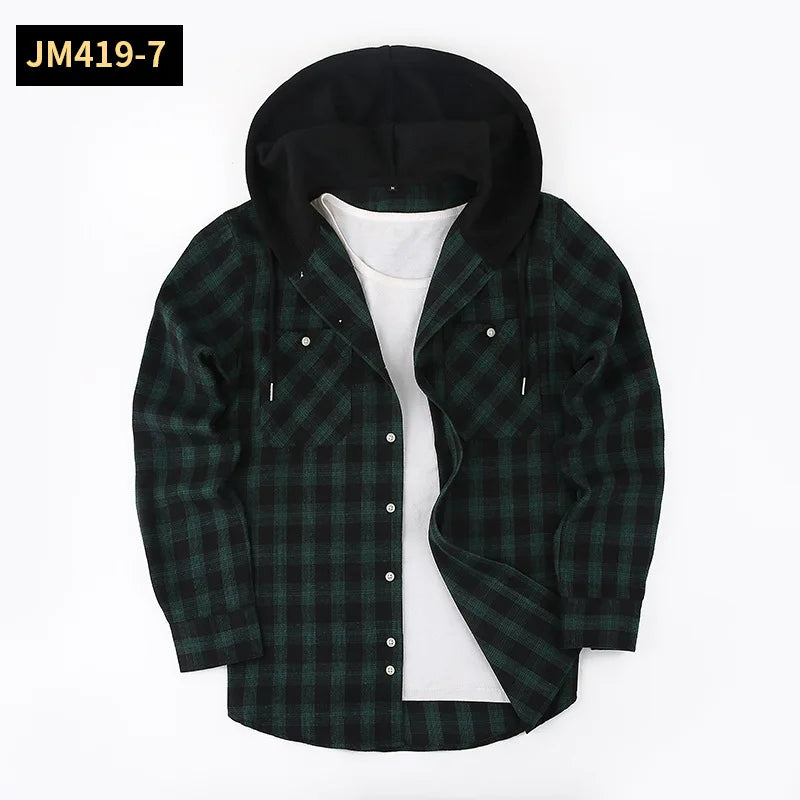 Men's Plaid Long Sleeve Hooded Flannel Shirt Loose Fit Business Casual Spring Outerwear Polyester Machine Washable