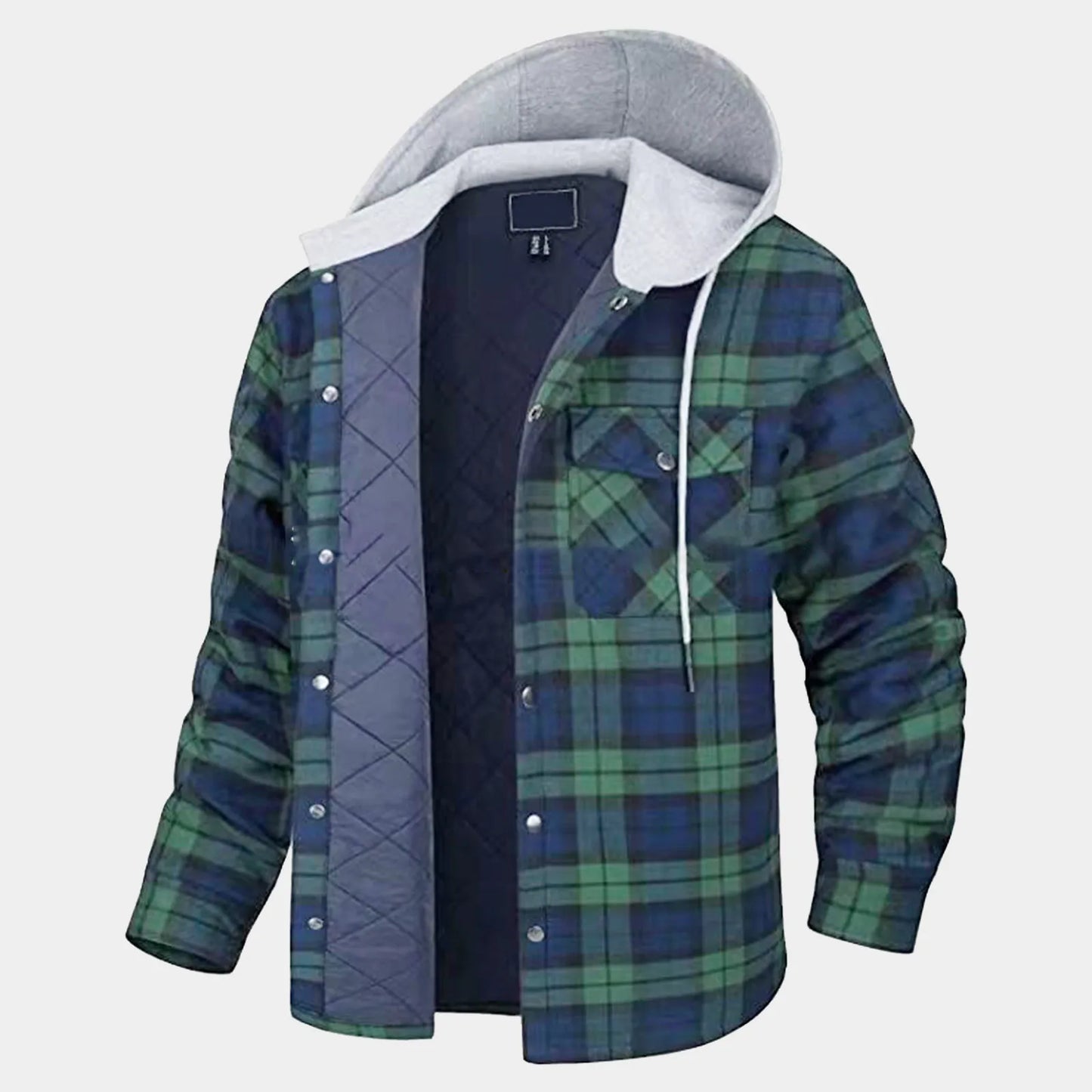 Men'S Flannel Shirt Jacket Plaid Quilted Lined Drawstring Winter Casual Coats Thick Hoodie Outwear Man Fleece Shirts Jacket
