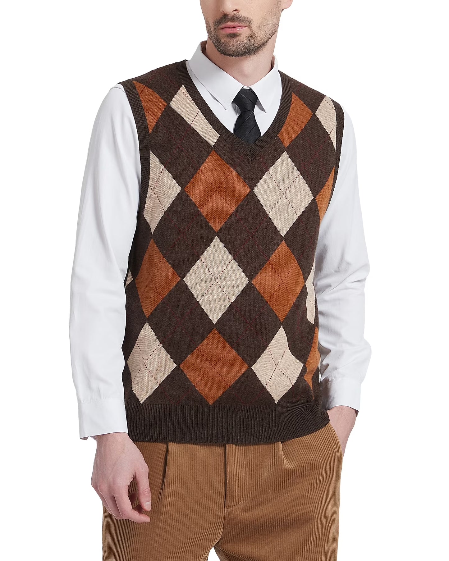 Men'S Argyle Vest Sweater Wool Blend V-Neck Sleeveless Pullover Sweater(Brown,2X-Large)