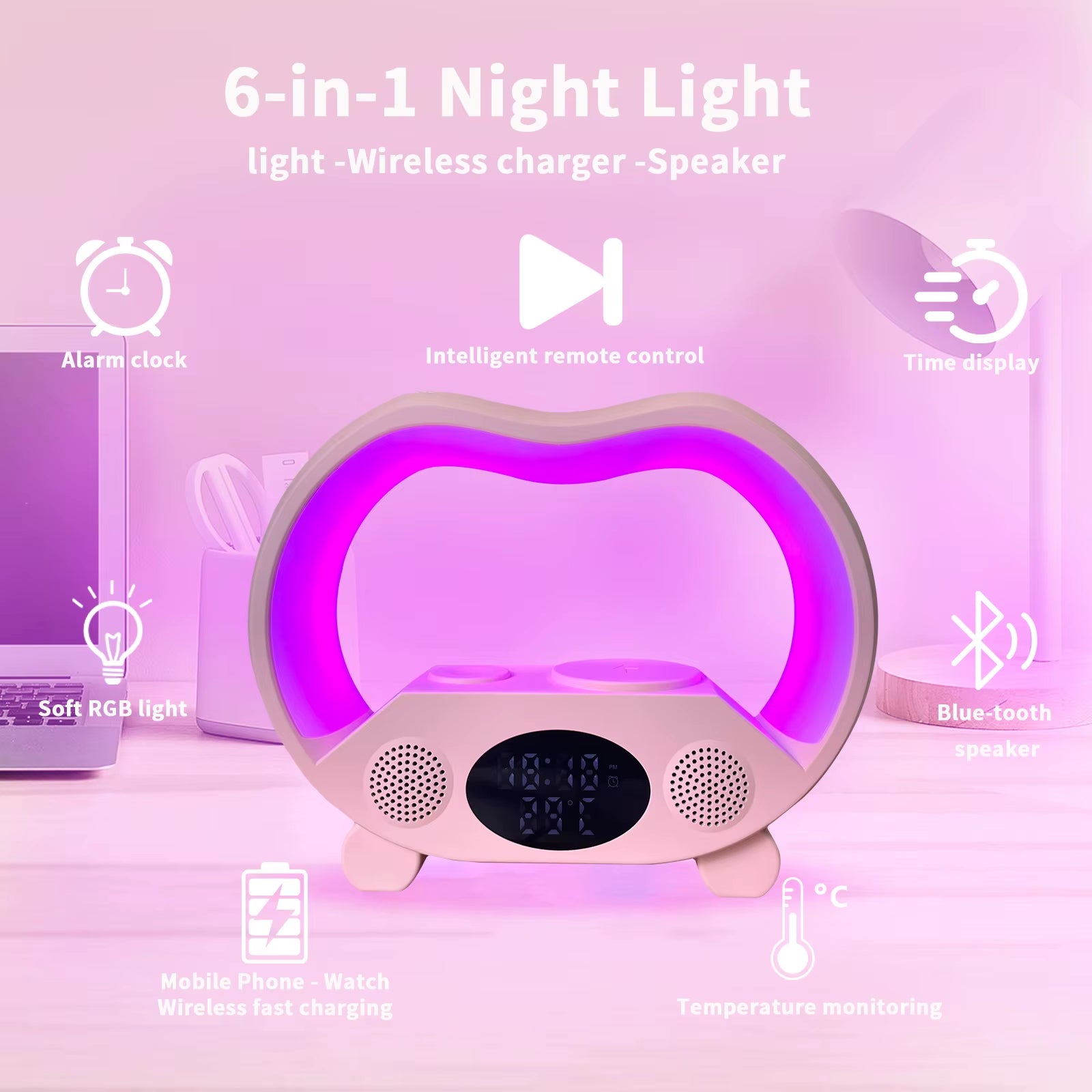 Portable Smart Loudspeaker Enclosure Speakers with Wireless Chargers Music Lights Clock RGB LED Lamp for Outdoor Party Gift