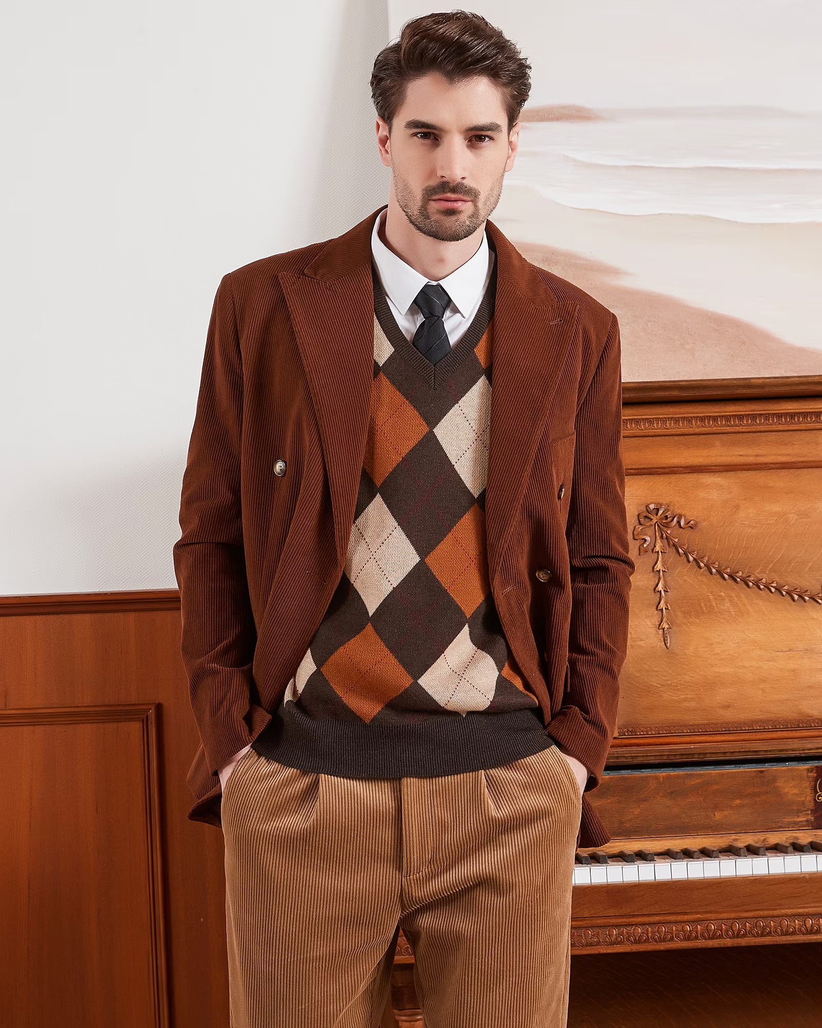 Men'S Argyle Vest Sweater Wool Blend V-Neck Sleeveless Pullover Sweater(Brown,2X-Large)