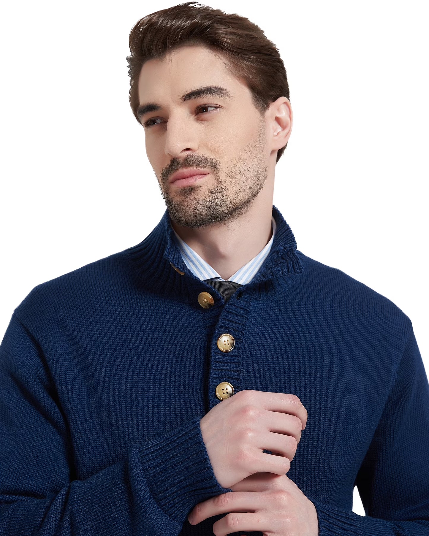 Men'S Mock Neck Sweater Wool Blend Midweight Quarter-Button Long Sleeve Knit Pullover(Navy Blue,2X-Large)