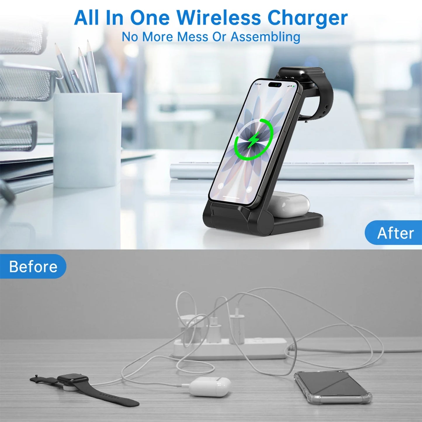 Fast Wireless Charger Station, 23W Wireless Charging Stand for Iphone 16/15/14/13/13 Pro/ 12/12 Pro/11/Xs Max/Xr/X/Galaxy S23 S22 S21 S10, Charging Station for Airpods 4/3/2/Pro, Iwatch Series