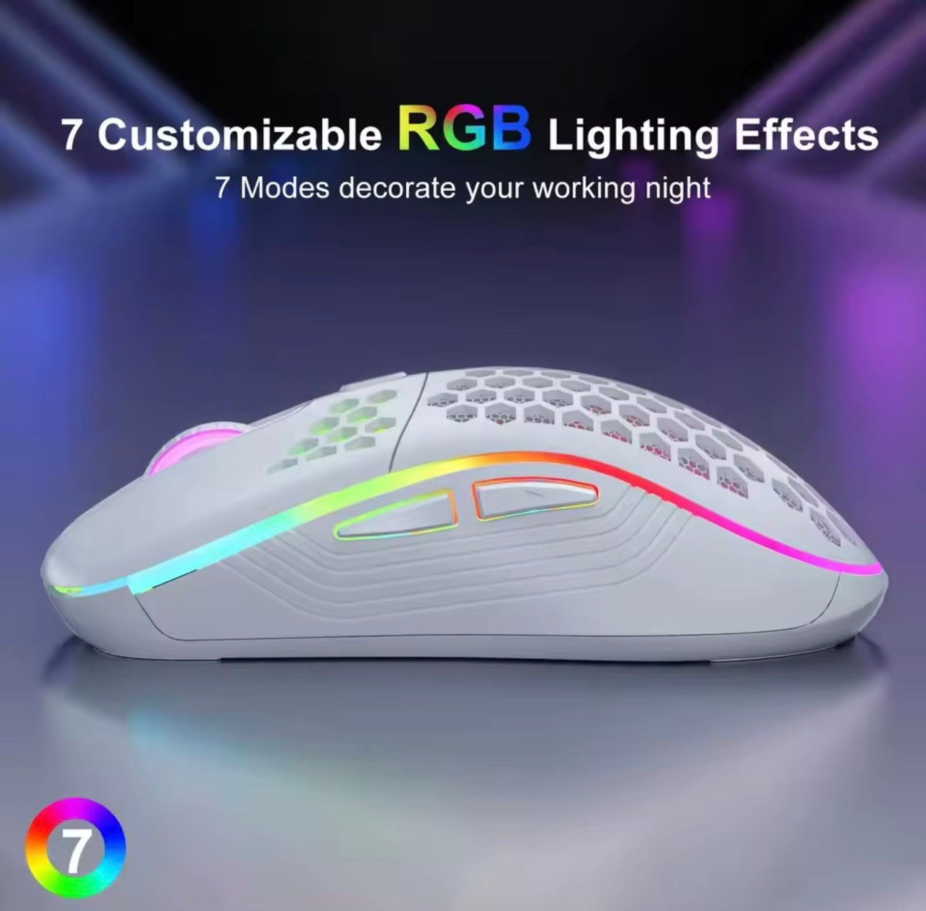 2.4G Wireless Mouse with RGB Backlit 6-Button 3-Speed DPI Type C Rechargeable Ergonomic Honeycomb Design Gaming Mouse