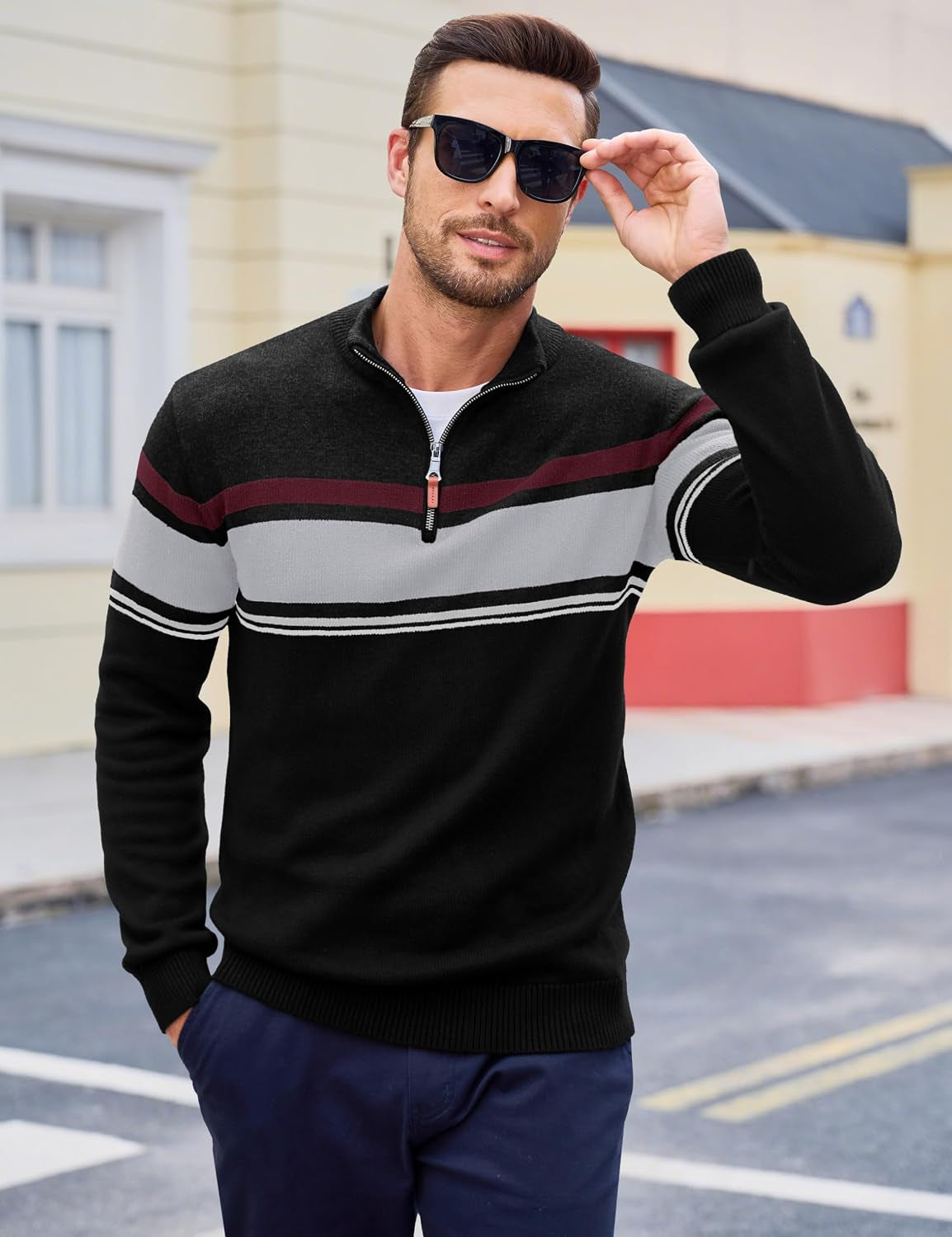 Men'S Sweaters 1/4 Zip Cotton Sweater Pullover Polo Sweaters Striped Fall Winter Warm Sweatshirts