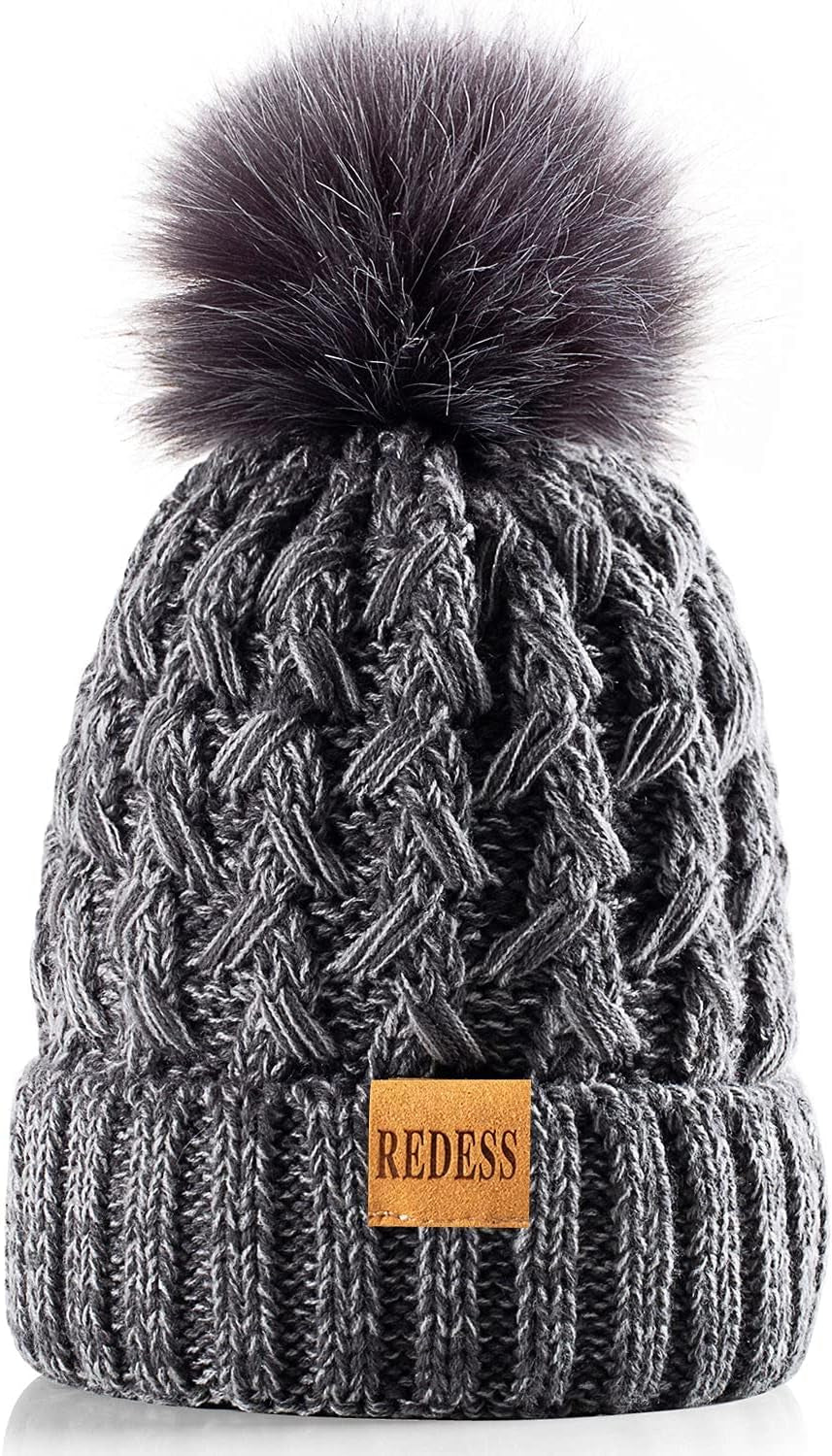 Women Winter Pompom Beanie Hat Fleece Lined Warm Hats, Thick Slouchy Snow Knit Crossed Cap for Ladies…