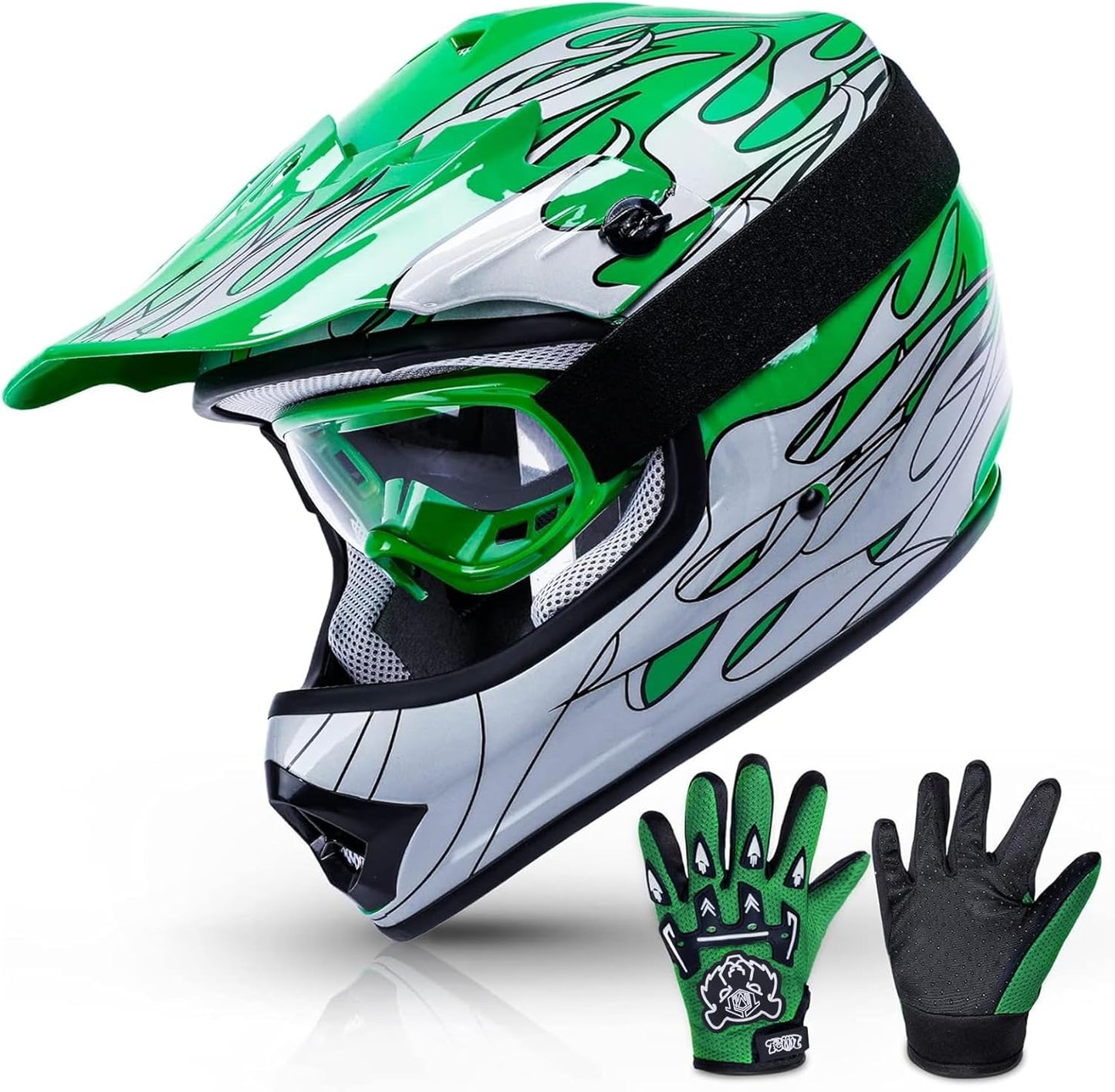 Dot Youth & Kids Motocross Offroad Street Helmet with Goggles & Gloves | Removable and Washable Padding, Lightweight,Includes Storage Bag.,For Street Bikes, ATV, Dirt Bikes