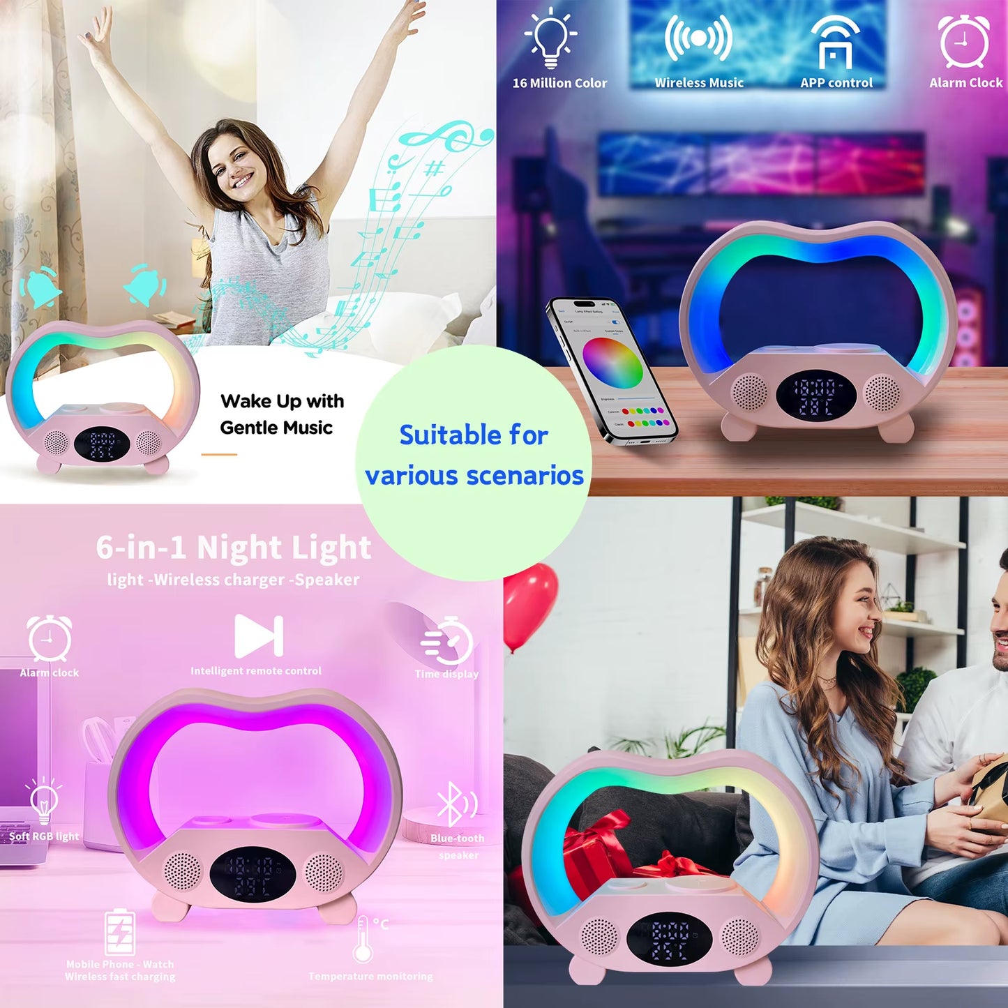 Portable Smart Loudspeaker Enclosure Speakers with Wireless Chargers Music Lights Clock RGB LED Lamp for Outdoor Party Gift