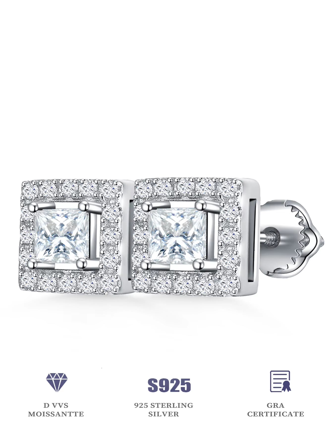 Custom Jewelry Earring 925 Sterling Silver 4 Claws Embedded Square VVS Moissanite Stud Earrings