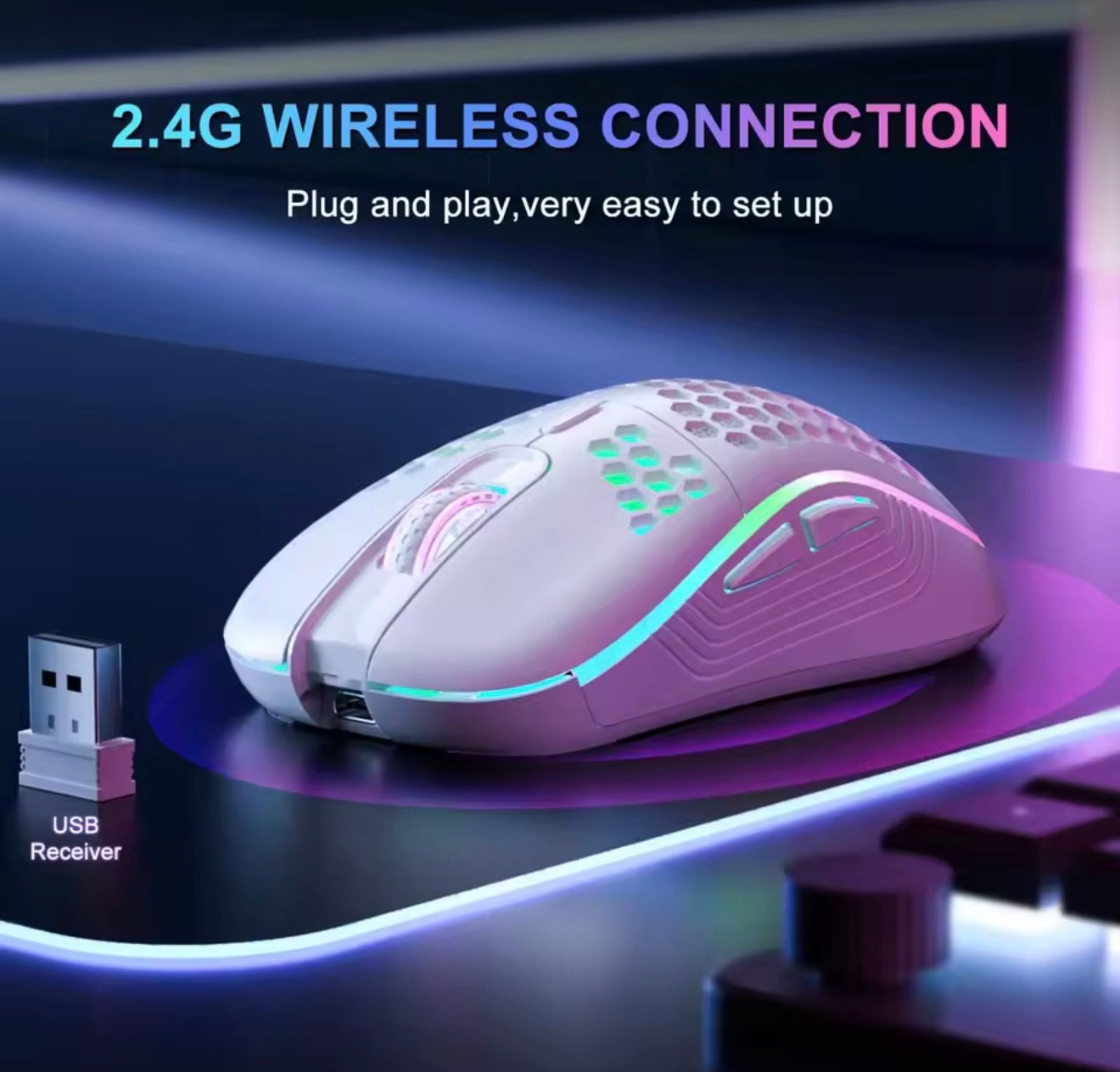 2.4G Wireless Mouse with RGB Backlit 6-Button 3-Speed DPI Type C Rechargeable Ergonomic Honeycomb Design Gaming Mouse
