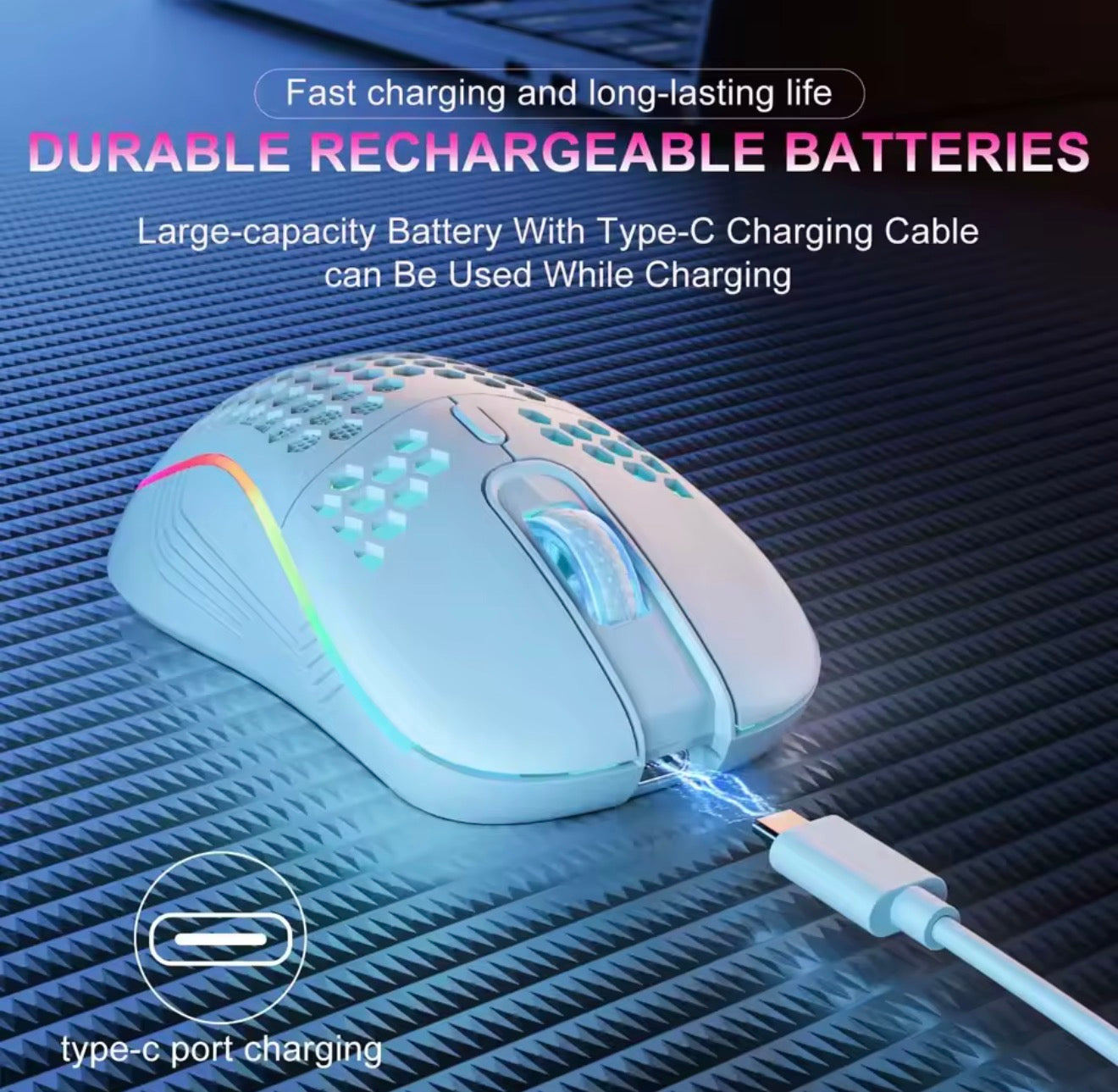 2.4G Wireless Mouse with RGB Backlit 6-Button 3-Speed DPI Type C Rechargeable Ergonomic Honeycomb Design Gaming Mouse