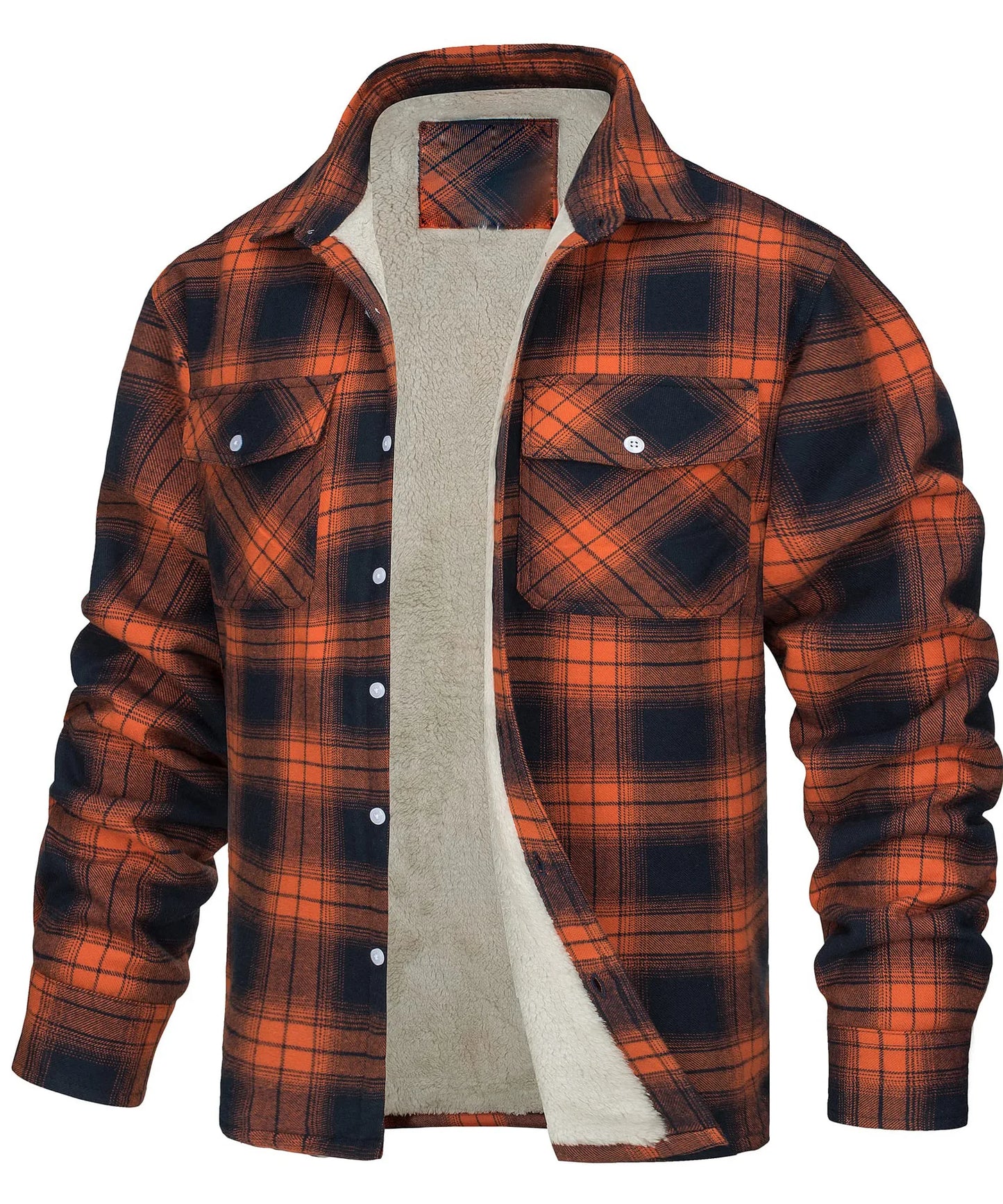 Fleece Men's New Long-sleeved Lapel Plaid Fleece Lined Single-breasted Men's
