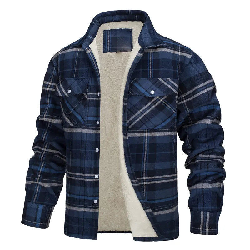 Fleece Men's New Long-sleeved Lapel Plaid Fleece Lined Single-breasted Men's