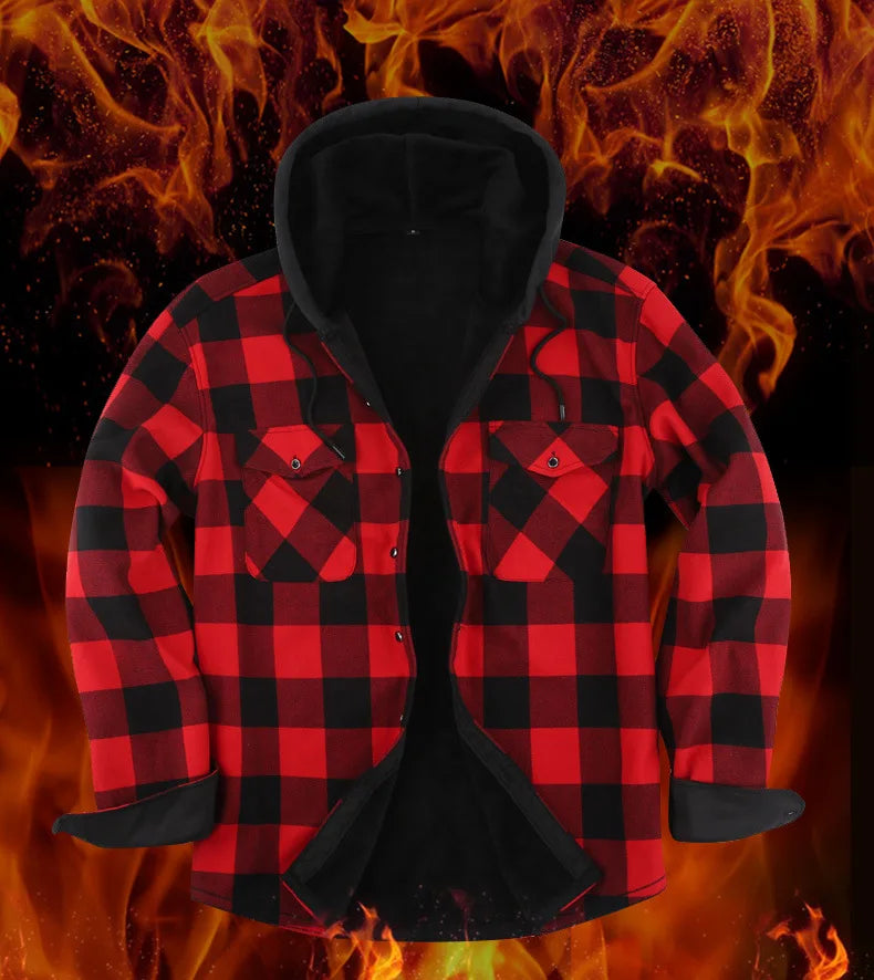 Winter Padded Warm Hooded Plaid Extra Thick Casual Men's Long Sleeve Shirt Jacket Sehe Fashion