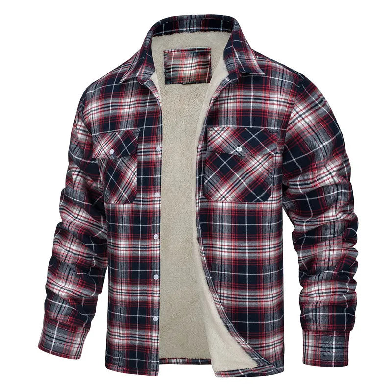 Fleece Men's New Long-sleeved Lapel Plaid Fleece Lined Single-breasted Men's