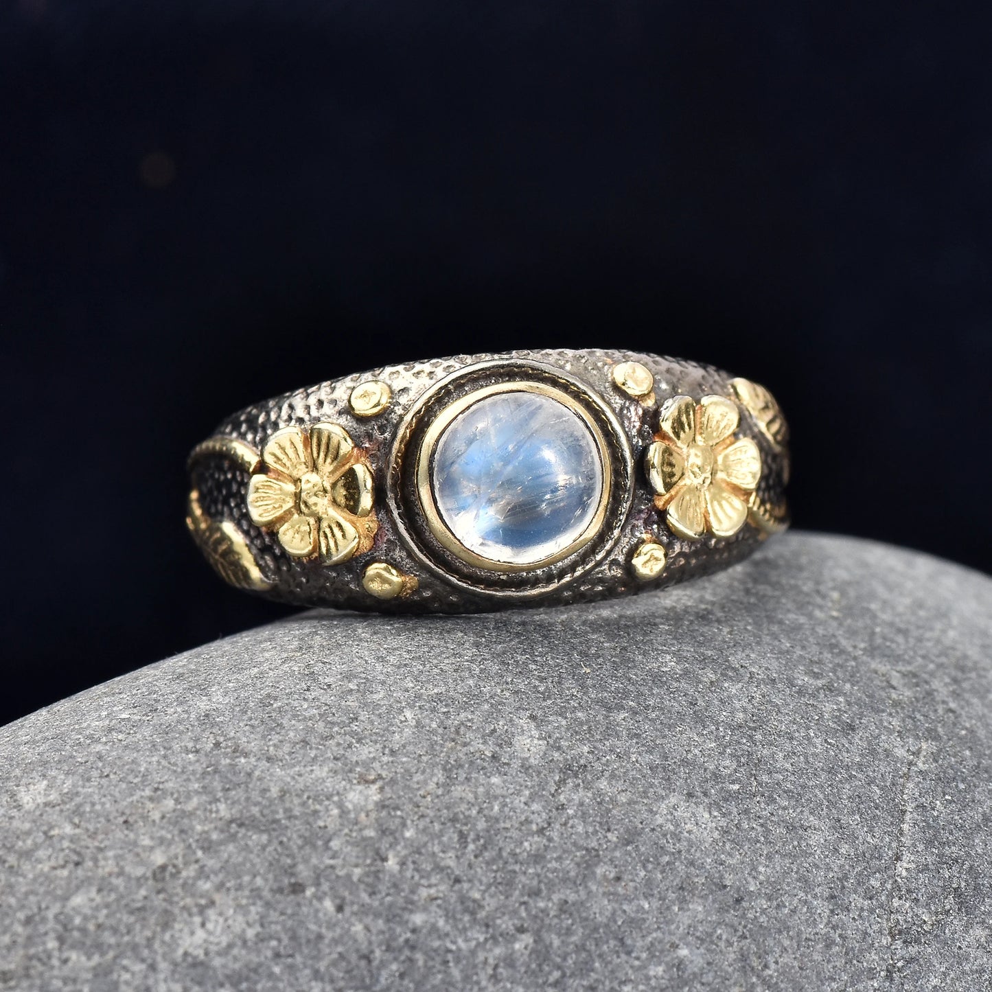 Rainbow Moonstone Ring 925 Sterling Silver Gold Plated Vintage Floral Handmade Designer Gemstone Jewelry Women Moku Jewellery