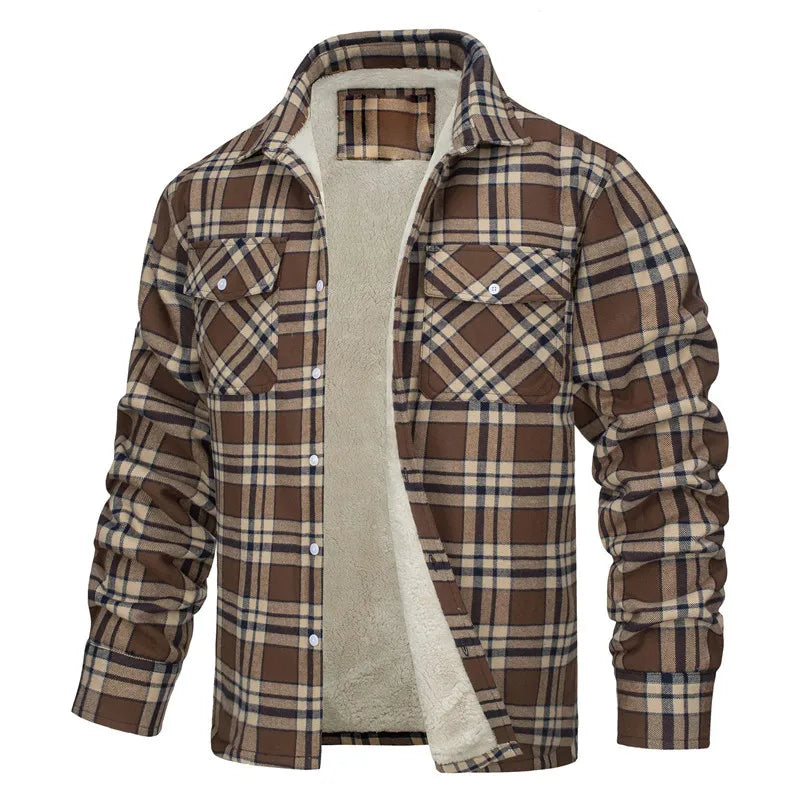 Fleece Men's New Long-sleeved Lapel Plaid Fleece Lined Single-breasted Men's