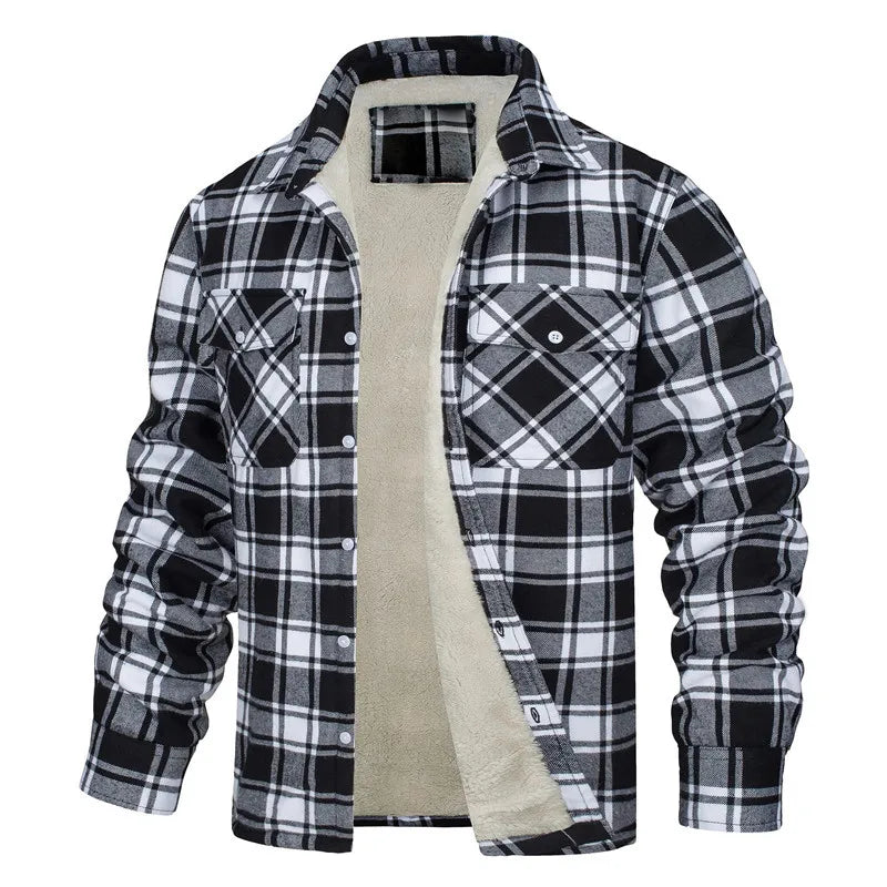 Fleece Men's New Long-sleeved Lapel Plaid Fleece Lined Single-breasted Men's