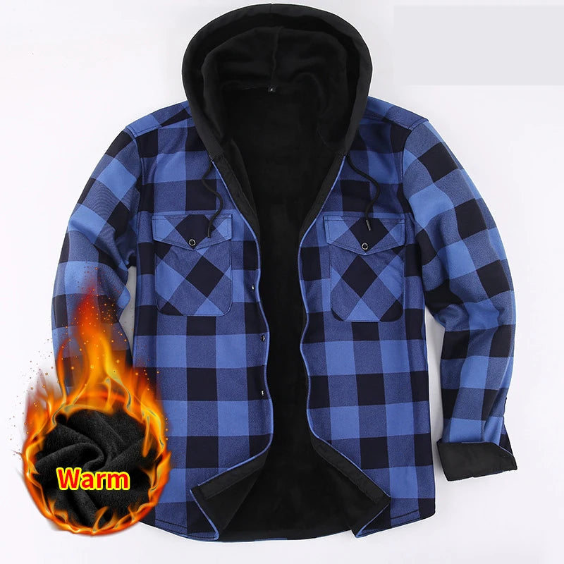 Winter Padded Warm Hooded Plaid Extra Thick Casual Men's Long Sleeve Shirt Jacket Sehe Fashion