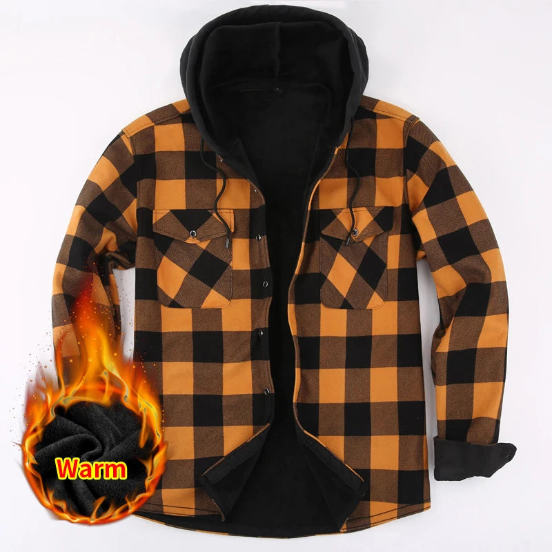 Winter Padded Warm Hooded Plaid Extra Thick Casual Men's Long Sleeve Shirt Jacket Sehe Fashion