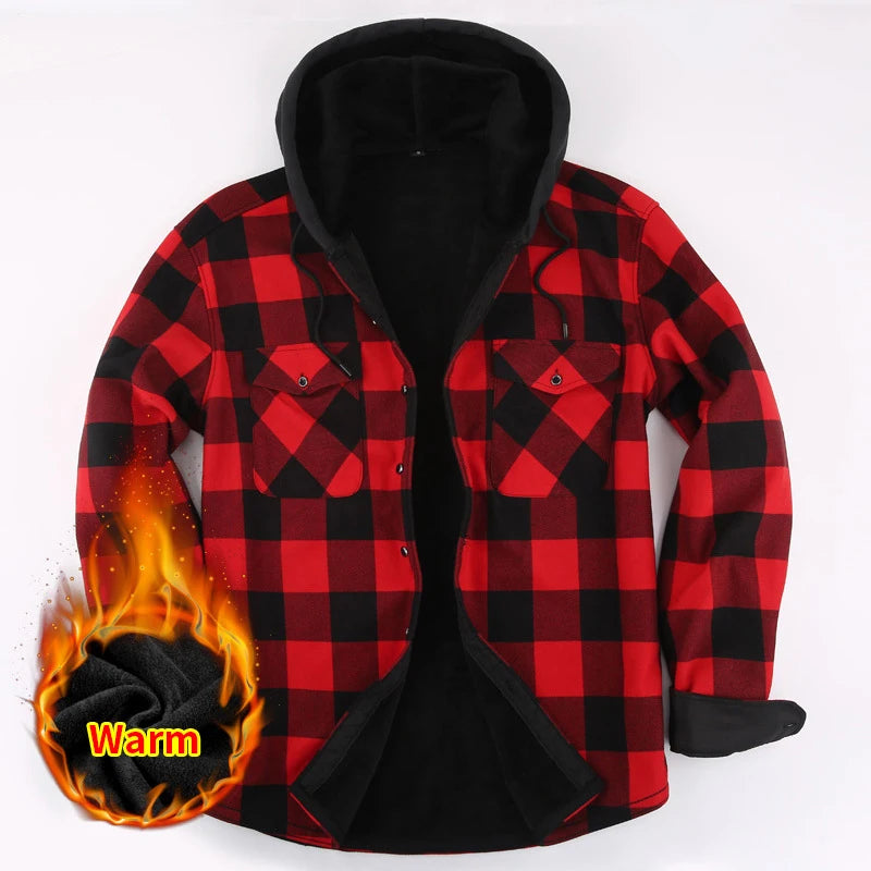 Winter Padded Warm Hooded Plaid Extra Thick Casual Men's Long Sleeve Shirt Jacket Sehe Fashion