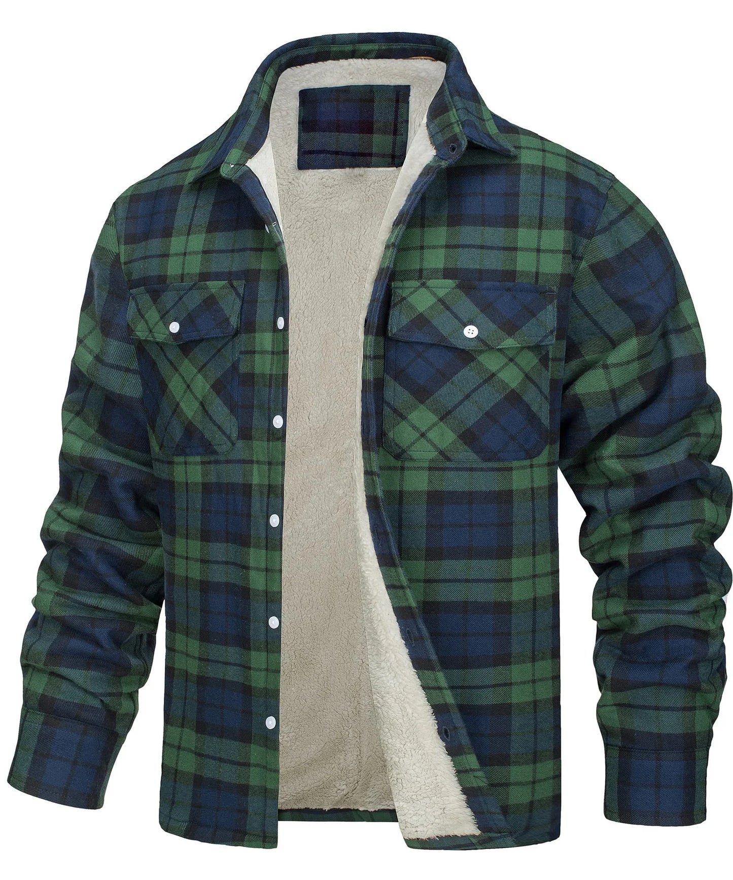 Fleece Men's New Long-sleeved Lapel Plaid Fleece Lined Single-breasted Men's