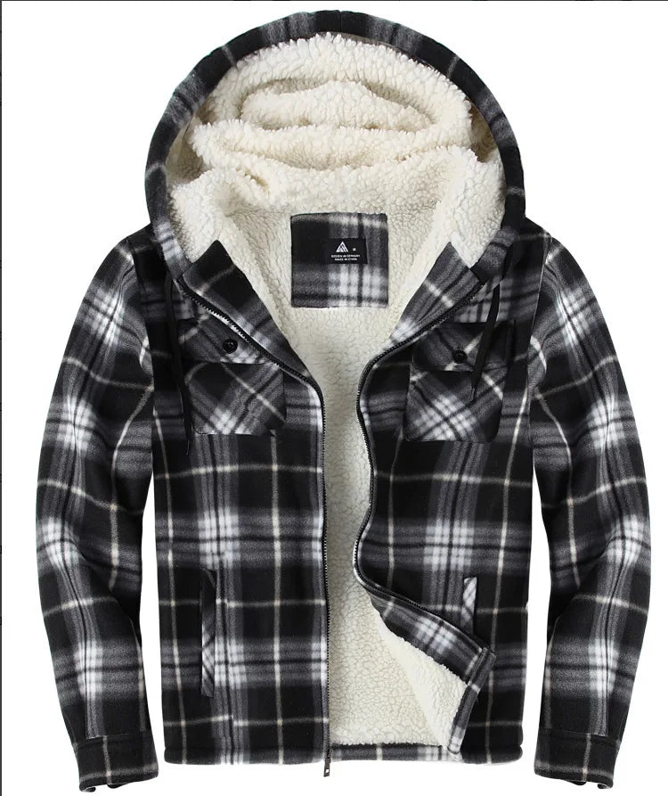 Sherpa Lined Flannel Jacket Mens Heavyweight Hooded Fleece Jacket Thicken Warm Button Down Plaid Jacket Outwear Coats