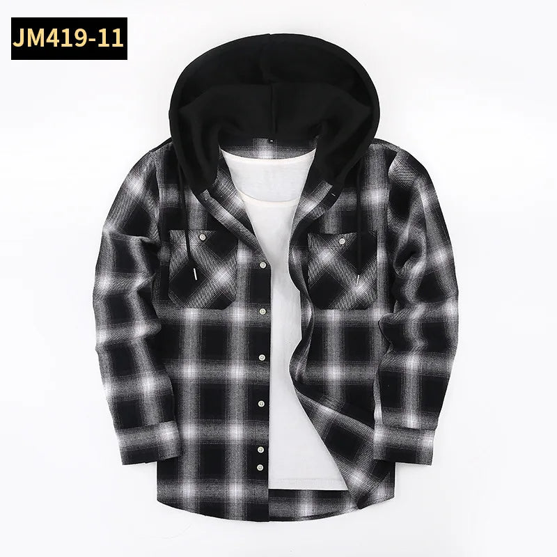 Men's Plaid Long Sleeve Hooded Flannel Shirt Loose Fit Business Casual Spring Outerwear Polyester Machine Washable