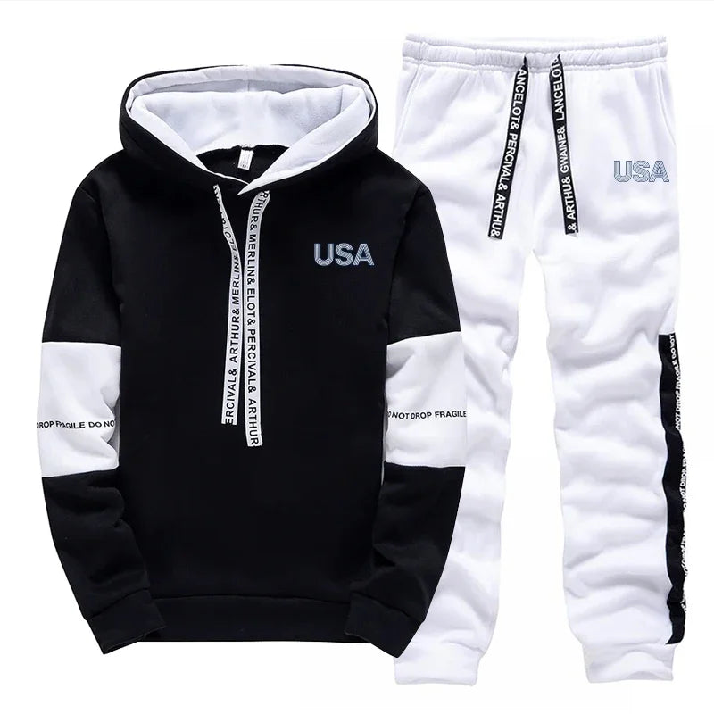 Hot Sales Men's Tracksuit Printed Casual Hooded Sweatshirts Outdoors Sports Jogging Man Clothing Black White Single Hoodie Pants