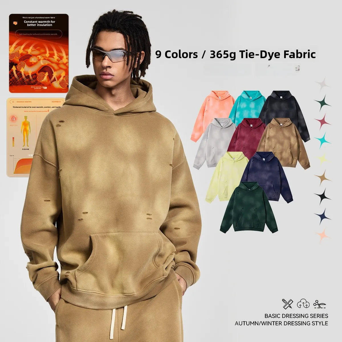 Men's Thickened Fleece Hoodie Sweatshirt Winter Streetwear Hip Hop Loose Fit Washed Vintage Distressed Printed Customizable