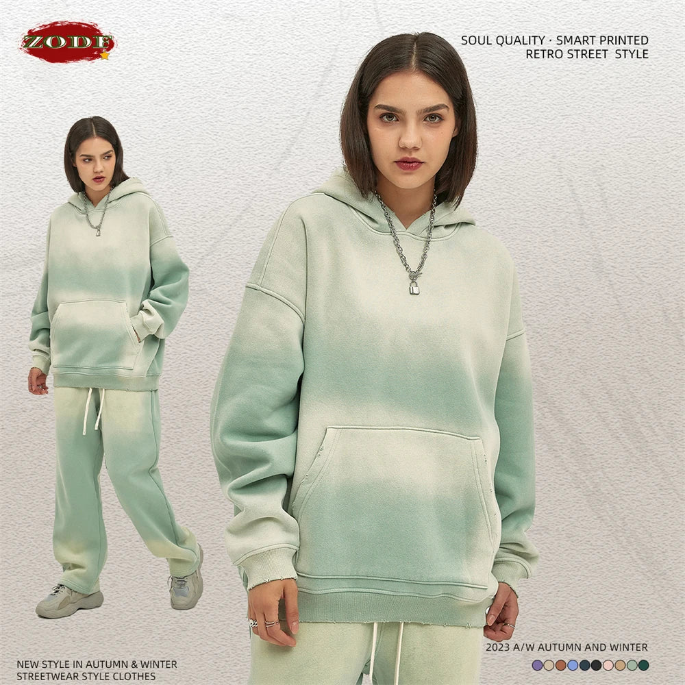 ZODF Vintage Autumn Winter Monkey Washed Fleece Hoodies For Men Unisex Loose Warm 360gsm Hooded Pullovers Sweatshirts HY0655