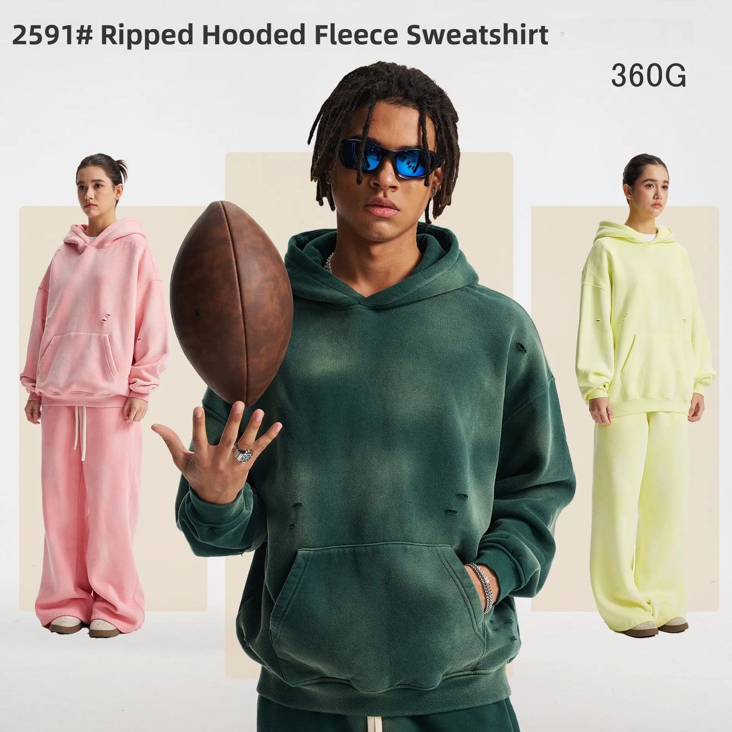 Autumn Winter New Original Fleece Lined Spray Monkey Washed Vintage Hole Ripped Hoodie Men's Casual Comfortable Cotton Blend ...