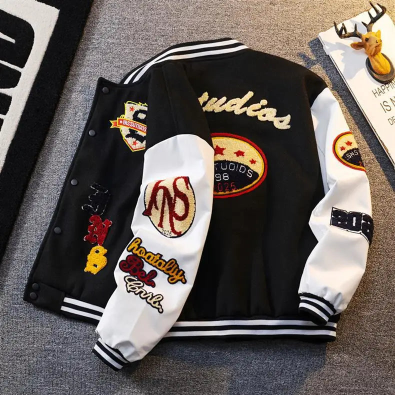 Retro American Patchwork Embroidery Baseball Jacket Loose Casual Woolen Coat for Men And Women Street Style Outerwear