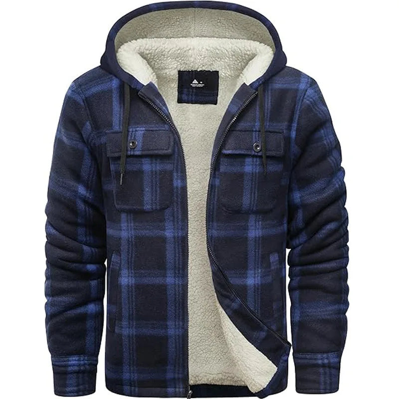 Sherpa Lined Flannel Jacket Mens Heavyweight Hooded Fleece Jacket Thicken Warm Button Down Plaid Jacket Outwear Coats