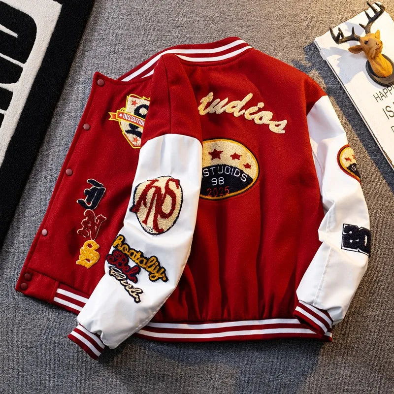 Retro American Patchwork Embroidery Baseball Jacket Loose Casual Woolen Coat for Men And Women Street Style Outerwear