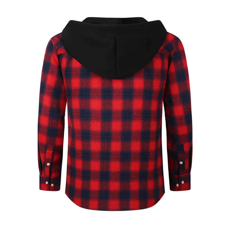 Men's Casual Plaid Flannel Long Sleeve Hooded Shirt Jacket 2026 Cross-Border Fashionable Durable Breathable Loose Fit