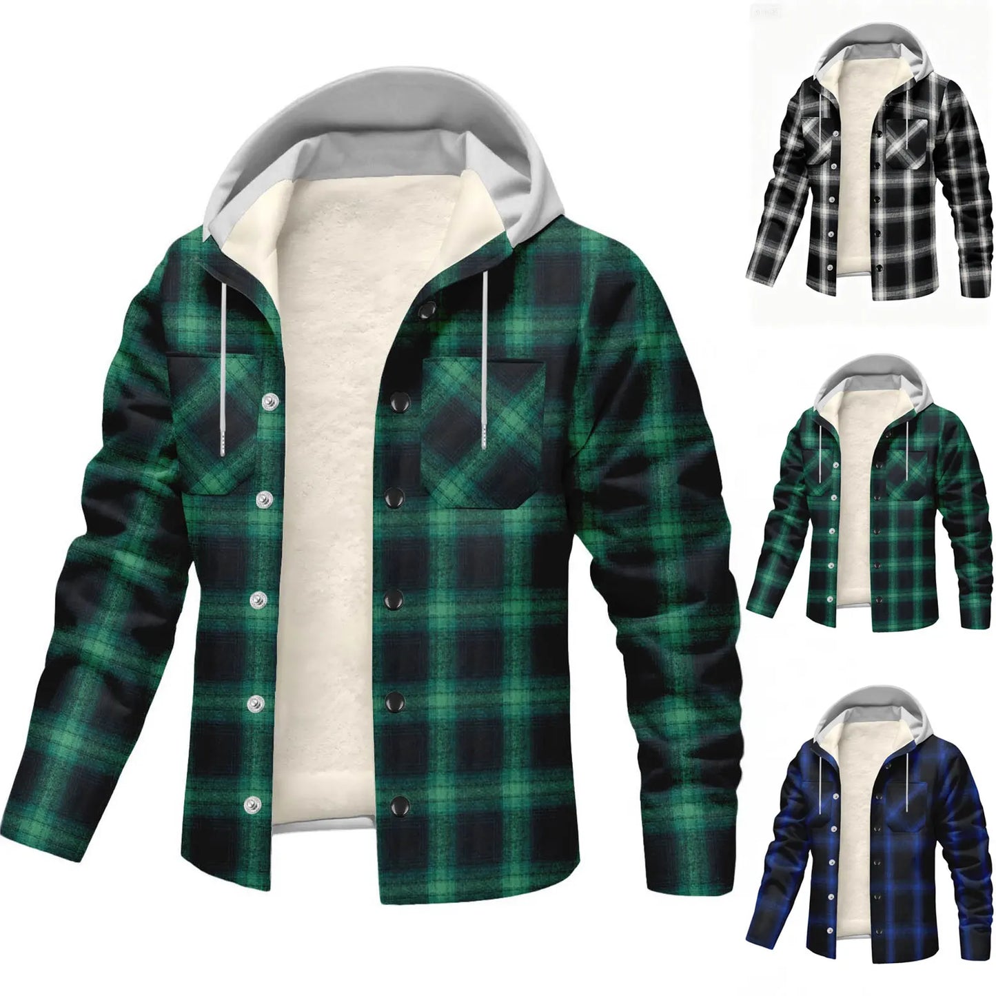 Men'S Fleece Jacket Leisure Plaid Hooded Jacket Plus Velvet Padded Warm Jacket Winter Warm Thickened Solid Color Jacket