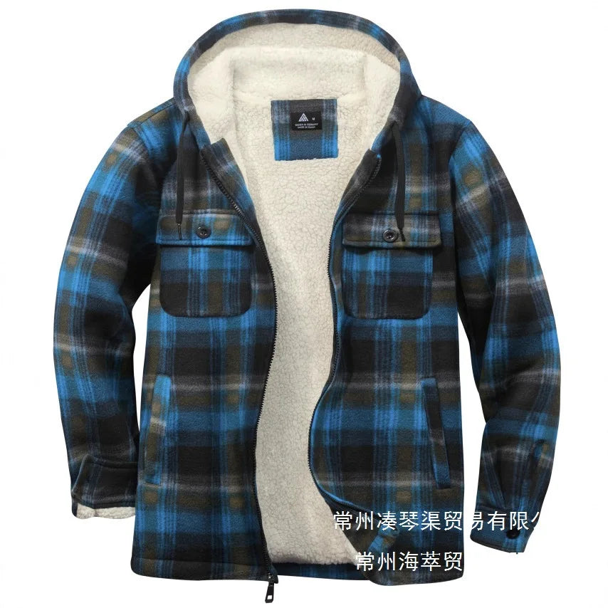 Sherpa Lined Flannel Jacket Mens Heavyweight Hooded Fleece Jacket Thicken Warm Button Down Plaid Jacket Outwear Coats