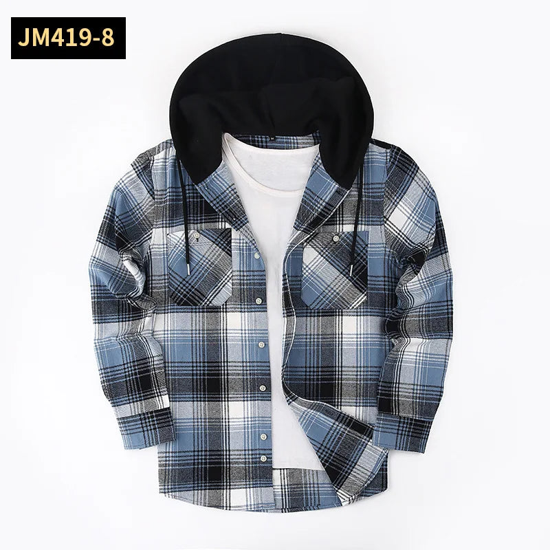 Men's Plaid Long Sleeve Hooded Flannel Shirt Loose Fit Business Casual Spring Outerwear Polyester Machine Washable