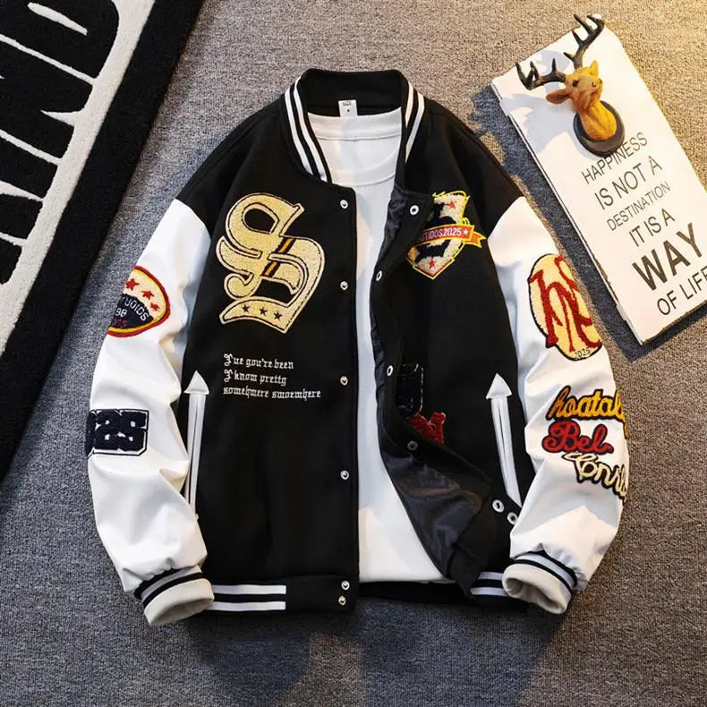 Retro American Patchwork Embroidery Baseball Jacket Loose Casual Woolen Coat for Men And Women Street Style Outerwear