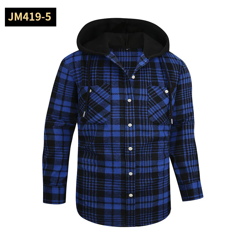 Men's Casual Plaid Flannel Long Sleeve Hooded Shirt Jacket 2026 Cross-Border Fashionable Durable Breathable Loose Fit