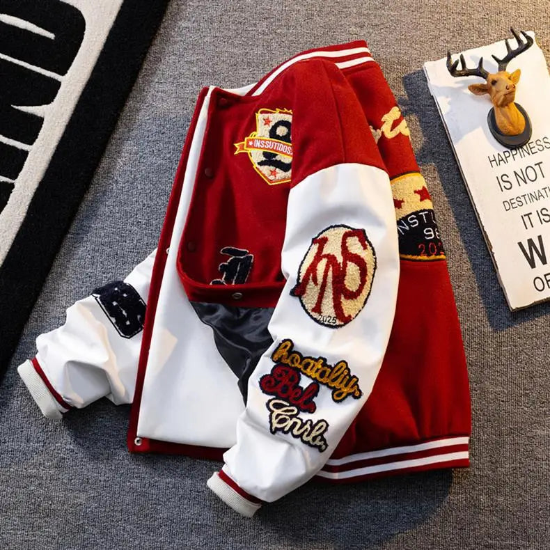 Retro American Patchwork Embroidery Baseball Jacket Loose Casual Woolen Coat for Men And Women Street Style Outerwear