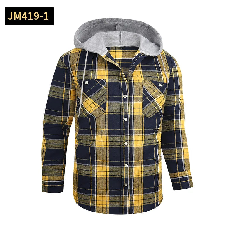 Men's Casual Plaid Flannel Long Sleeve Hooded Shirt Jacket 2026 Cross-Border Fashionable Durable Breathable Loose Fit