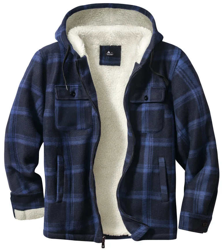 Sherpa Lined Flannel Jacket Mens Heavyweight Hooded Fleece Jacket Thicken Warm Button Down Plaid Jacket Outwear Coats