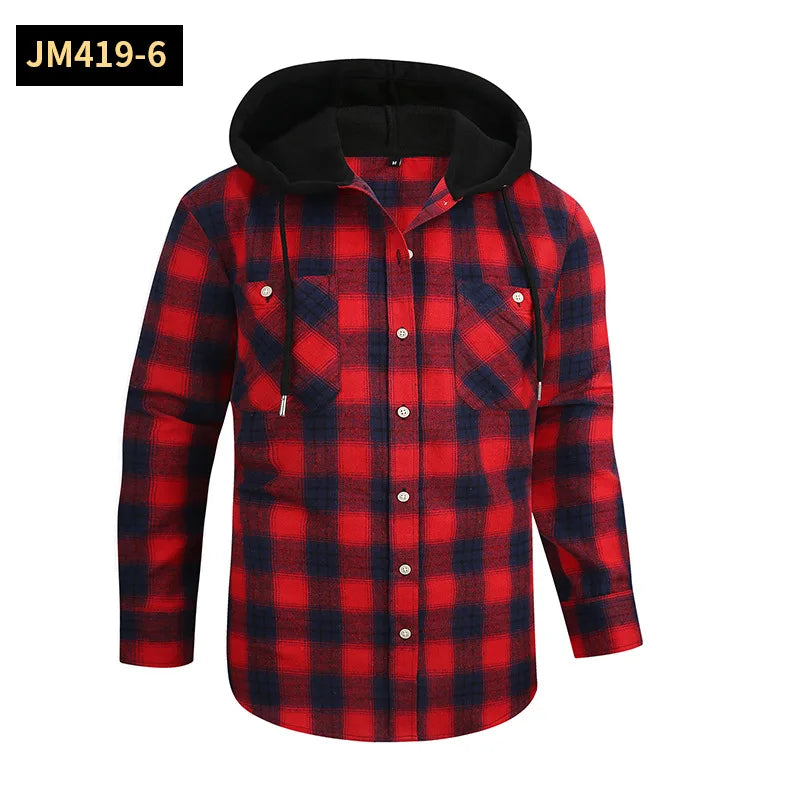 Men's Casual Plaid Flannel Long Sleeve Hooded Shirt Jacket 2026 Cross-Border Fashionable Durable Breathable Loose Fit