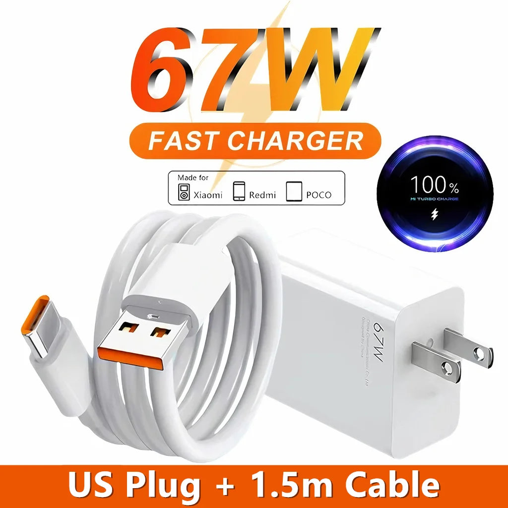 US 67W Ultra Fast Wall Charger For Xiaomi 12 13 14 15 17 Redmi Note 11 12T 13 POCO X5 X6 Pro 6A Type C Quick Charging USB Cable