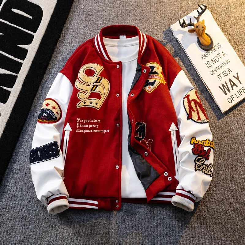 Retro American Patchwork Embroidery Baseball Jacket Loose Casual Woolen Coat for Men And Women Street Style Outerwear