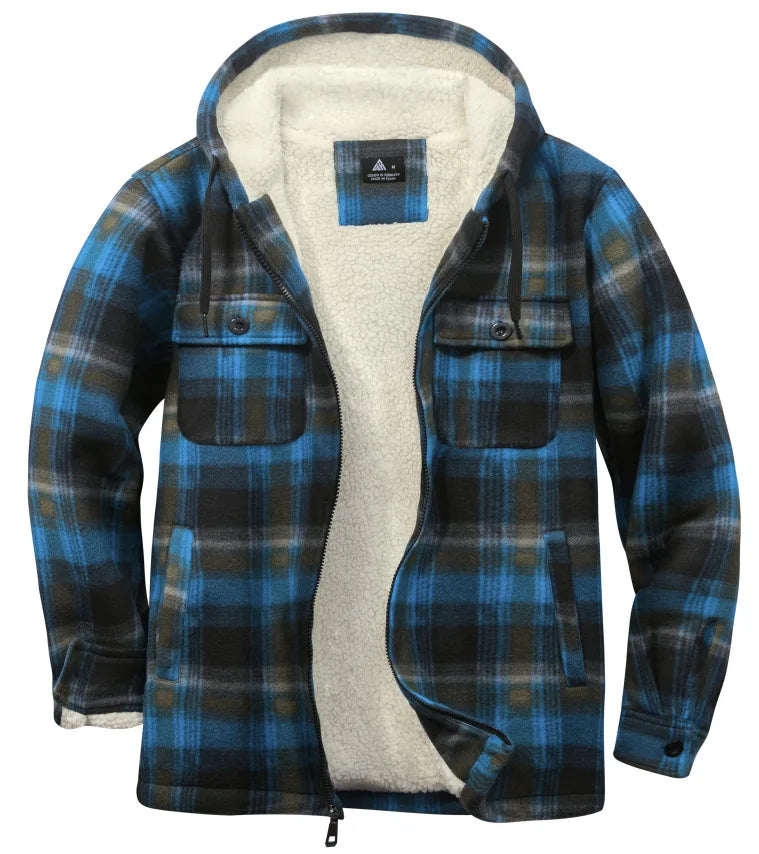 Sherpa Lined Flannel Jacket Mens Heavyweight Hooded Fleece Jacket Thicken Warm Button Down Plaid Jacket Outwear Coats