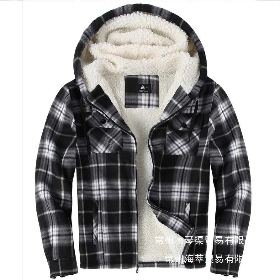 Sherpa Lined Flannel Jacket Mens Heavyweight Hooded Fleece Jacket Thicken Warm Button Down Plaid Jacket Outwear Coats